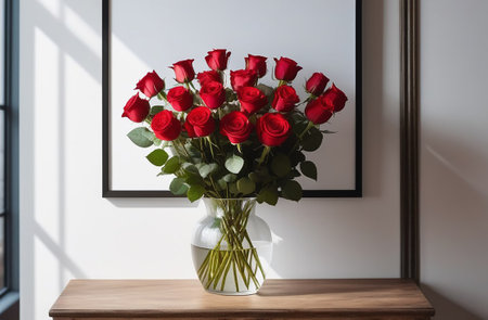 Transparent vase with red roses.の素材