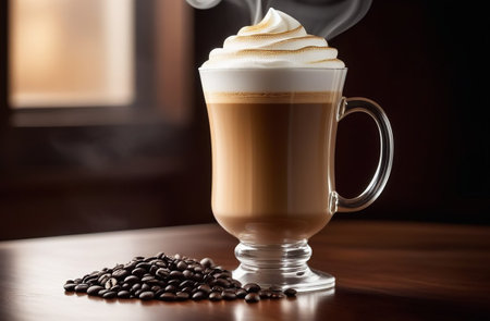 Latte with smokey foam and coffee beans.の素材