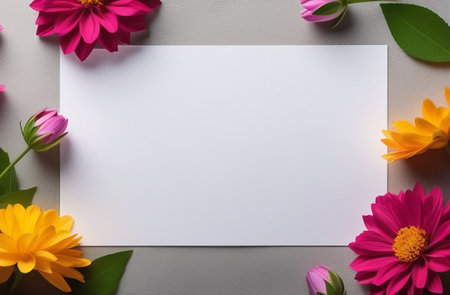 A white sheet of paper with flowers on the table.の素材
