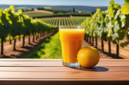 A glass of juice against the backdrop of a garden.の素材