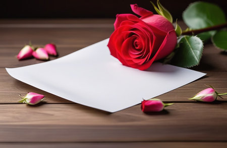 Sheet of paper with rose buds on a wooden table.の素材