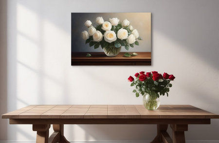 Vase with roses on a wooden table with a panel.の素材