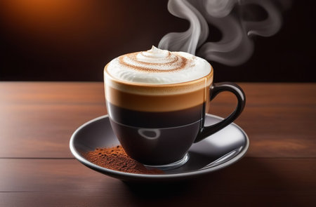 Latte with smokey foam and coffee beans.の素材