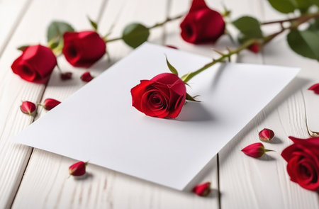 Sheet of paper with rose buds on a wooden table.の素材