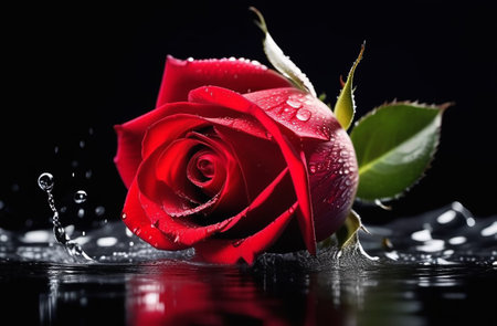 Red rose bud in a splash of water. Valentine's card. Congratulation.の素材