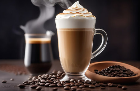 Latte with smokey foam and coffee beans.の素材