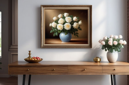 Vase with roses on a wooden table with a panel.の素材