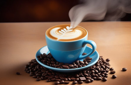Latte with patterned foam and smokeの素材