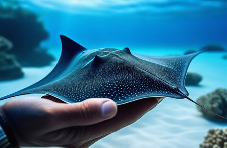 Sea stingray in the hands of a man.の素材
