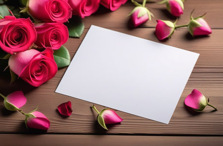Sheet of paper with rose buds on a wooden table.の素材