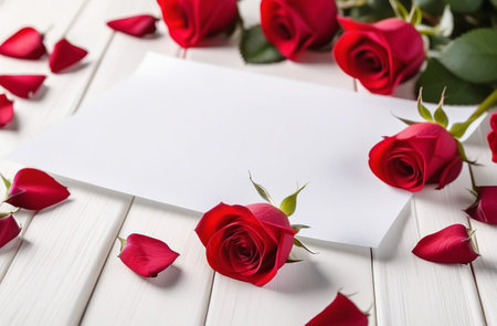 Sheet of paper with rose buds on a wooden table.の素材