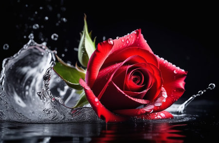 Red rose bud in a splash of water. Valentine's card. Congratulation.の素材