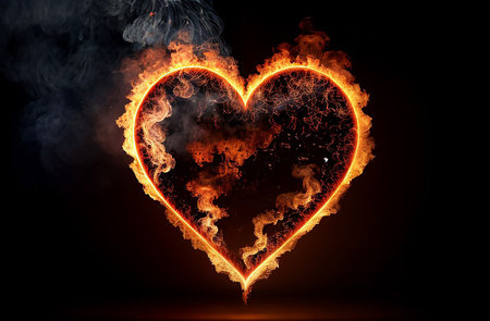Burning black heart on a black background.の素材