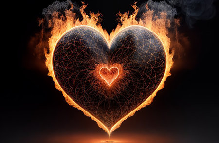Burning black heart on a black background.の素材