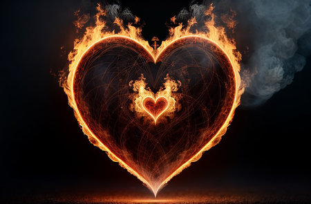 Burning black heart on a black background.の素材