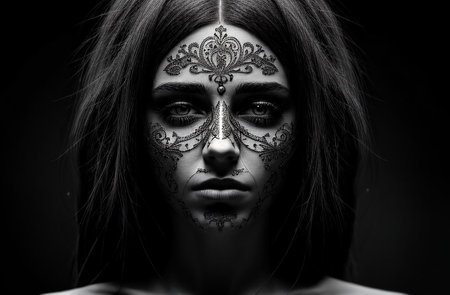 Black and white portrait of a beautiful girl with a pattern on her face.の素材