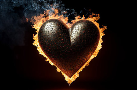 Burning black heart on a black background.の素材
