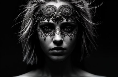 Black and white portrait of a beautiful girl with a pattern on her face.の素材