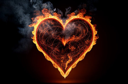 Burning black heart on a black background.の素材