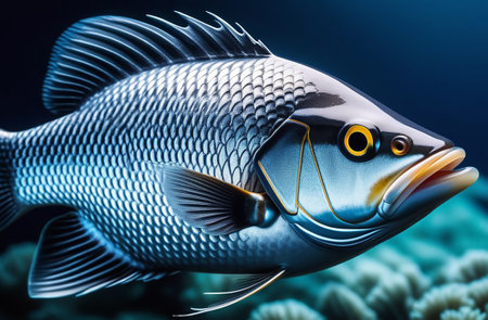 A blue fish swims in the sea.の素材