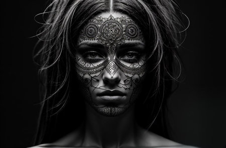 Black and white portrait of a beautiful girl with a pattern on her face.の素材