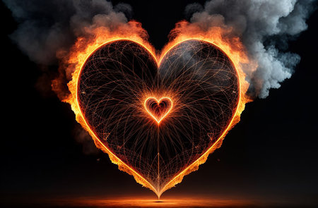 Burning black heart on a black background.の素材