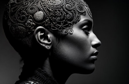 Profile of a woman with relief designs.の素材