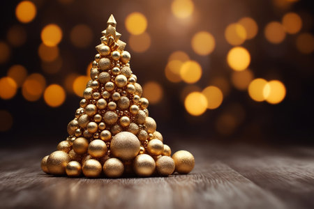 Golden Christmas tree made of golden balls on a background with bokeh.の素材