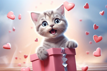 Cute kitten with a gift smiles on the background of hearts.の素材