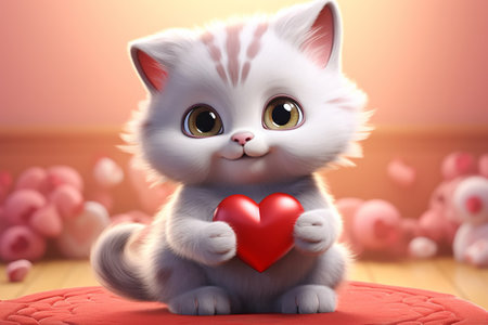3D kitten with a red heart. Valentine's card.の素材