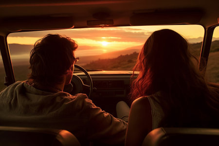 A young family travels at sunset in a car.の素材