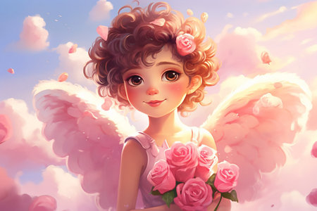 Handsome cupid smiling with a bouquet of roses on the clouds.の素材