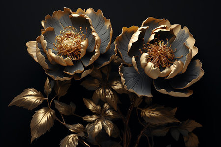 Black and gold 3D roses on black.の素材