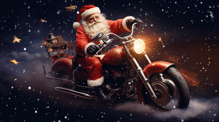 Santa Claus on a motorcycle against the background of the starry sky.の素材