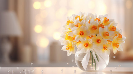 Vase of flowers with daffodils on a white table.の素材