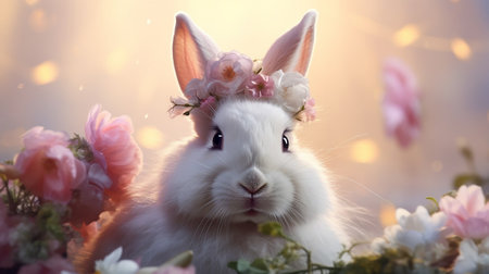 Rabbit with a flower wreath on his head.の素材