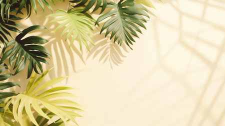 Delicate background with tropical leaves and their shadow.の素材