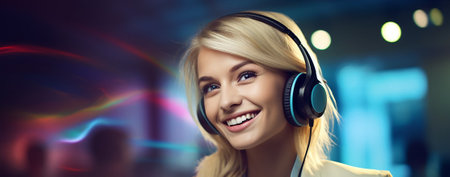 The girl in headphones smiles.の素材