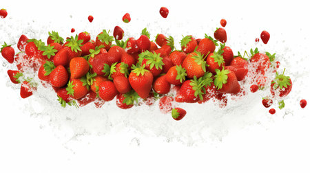 Strawberries on a white background in splashes of water.の素材