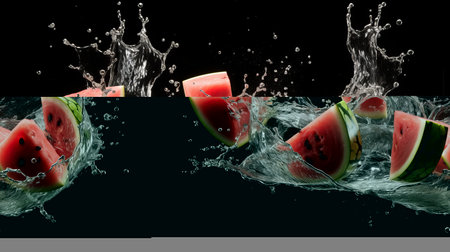Pieces of watermelon in a splash of water.の素材