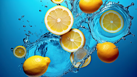 Fresh orange flies in splashes of water.の素材