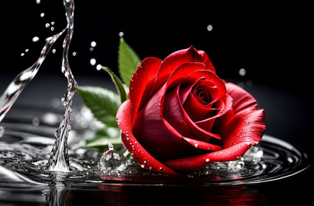 Red rose bud in a splash of water. Valentine's card. Congratulation.の素材