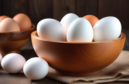 Chicken eggs in a wooden bowl.の素材