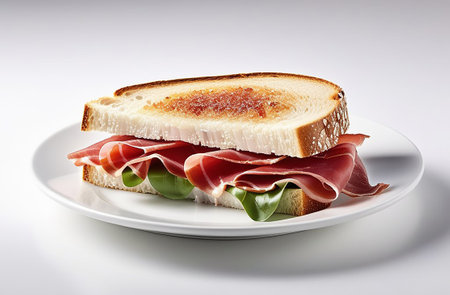 Sandwich with jamon on a white plate.の素材