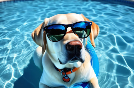 A dog swims in a circle in the pool.の素材