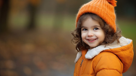 A beautiful girl smiles in the autumn forest.の素材