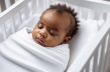 African baby sleeps under a white blanket.の素材