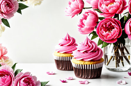 Pink peonies with cupcakes on white.の素材