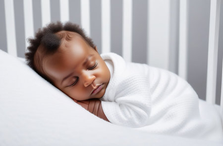 African baby sleeps under a white blanket.の素材