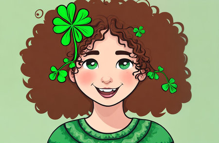 Portrait of a happy curly girl with shamrocks.の素材